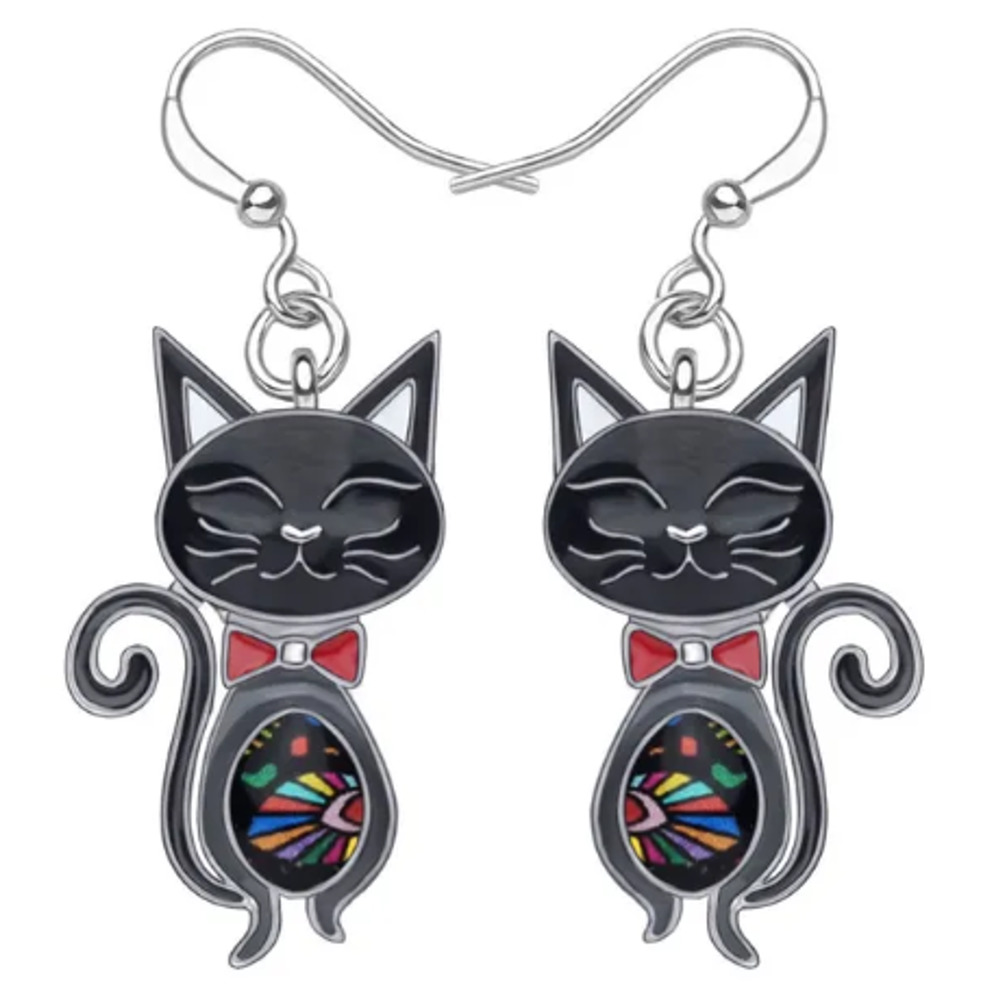 Enamel Colored Kitty Cat Dangle Wire Hook Earrings (#32-2)